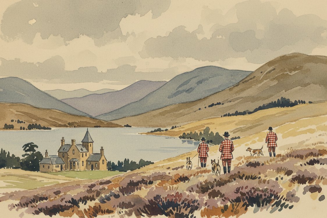 Illustration: a Highland shooting estate in the 1840s, gamekeepers at a distance in matching checked suits walking a heather hillside with dogs, a lodge below by a loch