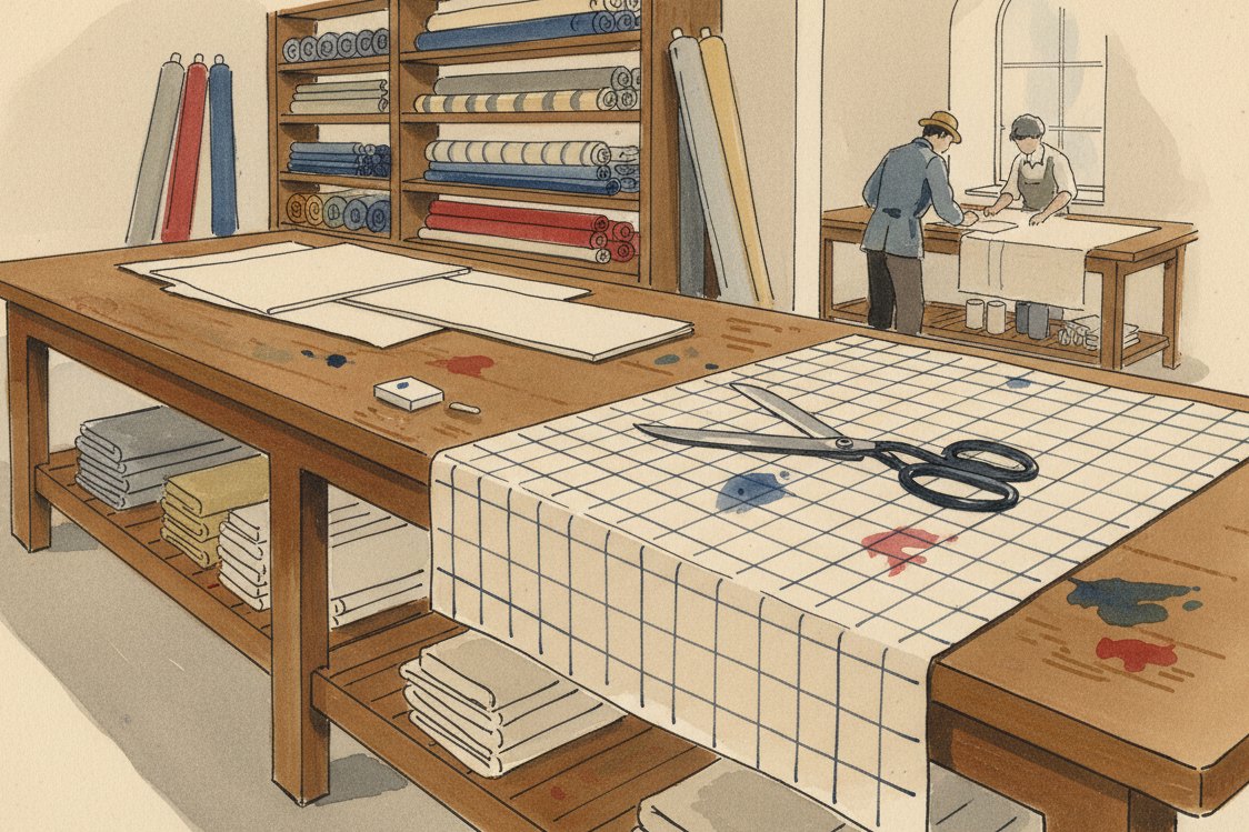 Illustration: a shirtmaker's cutting bench, pattern paper ruled in fine squares, shears and chalk, bolts of fine shirting on shelves behind