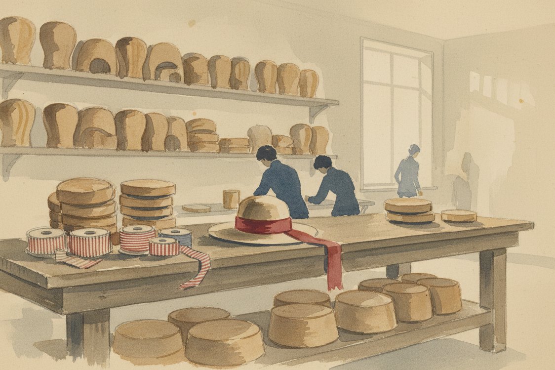 Illustration: a milliner's workshop, wooden hat blocks in rows, spools of ribbed ribbon, a half-banded hat brim on the bench