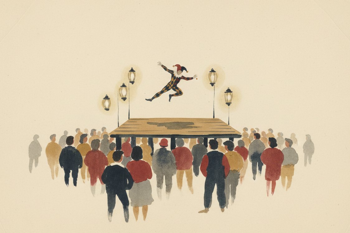 Illustration: a commedia dell'arte street performance, a diamond-suited harlequin at a distance mid-leap on a plank stage, lanterns and a small crowd from behind