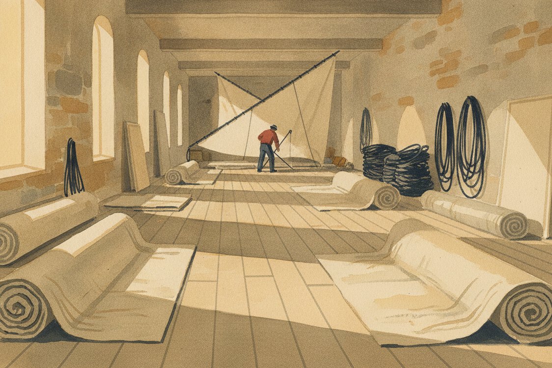 Illustration: a sailmaker's loft in a great age-of-sail port, long bolts of heavy canvas spread across the plank floor, coils of rope and rigging stacked along the walls, a worker seen at a distance stitching a sail, light from tall windows