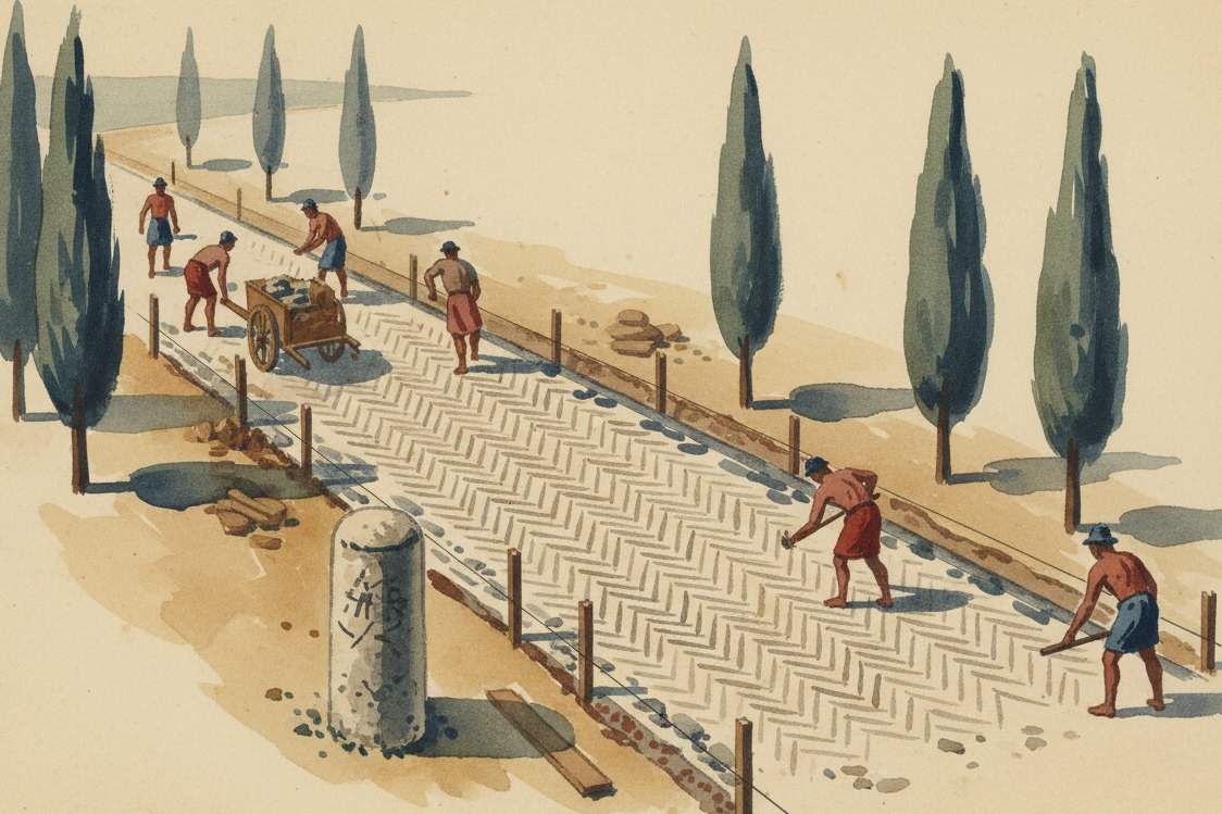 Illustration: Roman laborers in antiquity laying a road in herringbone brickwork, seen from above and at a distance, wooden stakes and lines, a milestone, cypress trees