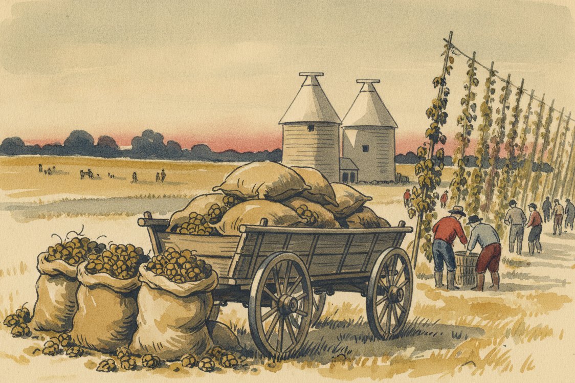 Illustration: a Kentish hop harvest, bulging sacks loaded on a wagon beside oast houses with tilted cowls, pickers at a distance among the bines