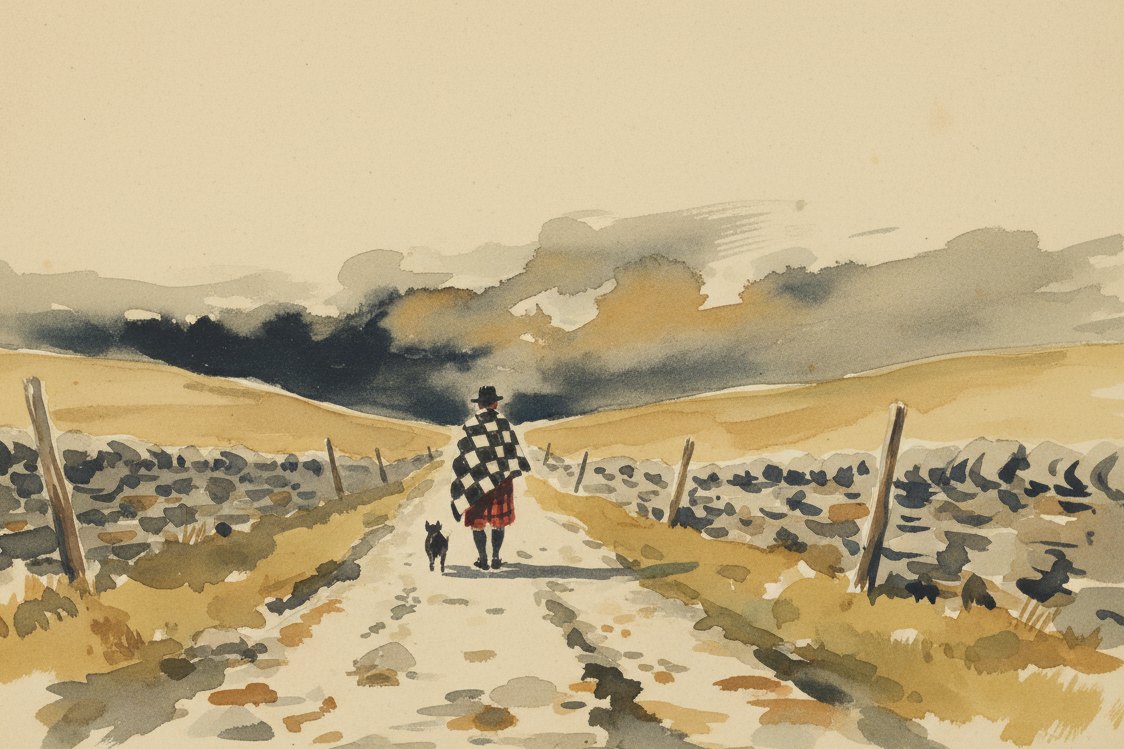 Illustration: a Lowland Scottish shepherd in the 1800s walking away up a stony track in a black and white checked wool shawl, dog at heel, drystone walls and weather coming in