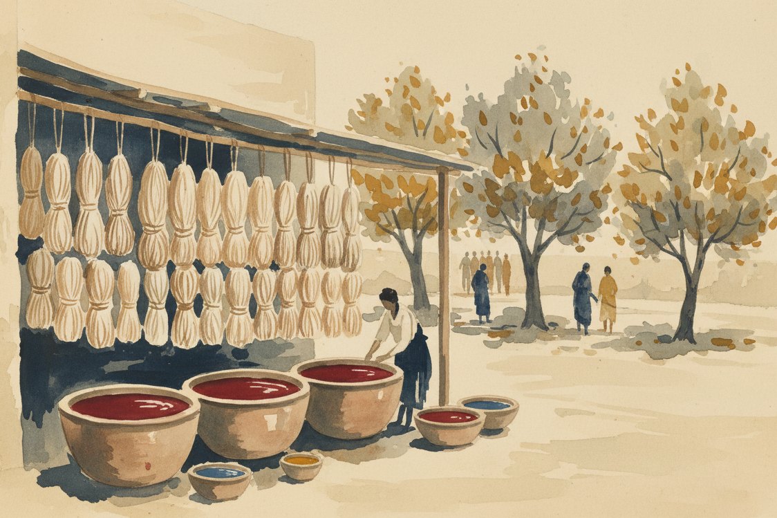 Illustration: a Central Asian silk workshop on the old trade road, bundles of yarn tightly bound for resist dyeing hanging in rows, dye vats of madder red, a courtyard with mulberry trees