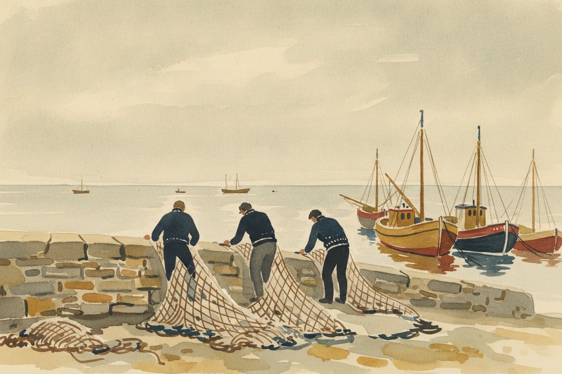 Illustration: a Channel Island harbor wall, fishermen seen from behind in dark knitted sweaters mending nets, moored boats, overcast sea light