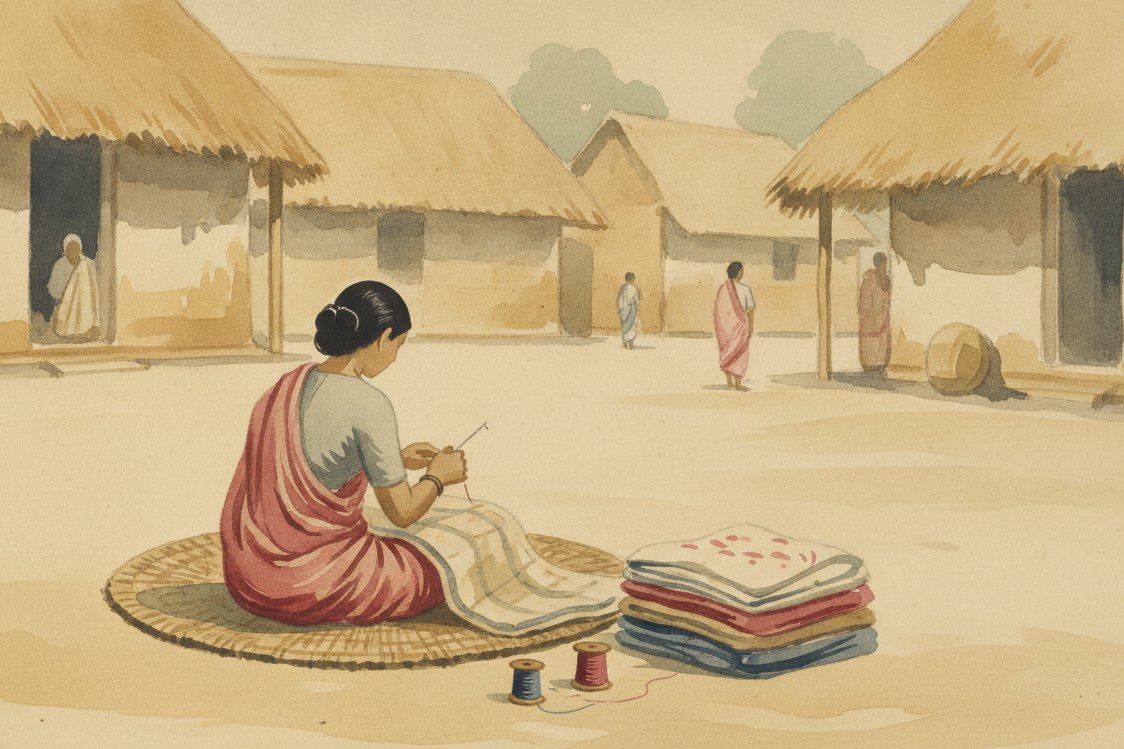 Illustration: a Bengal village courtyard in the morning, a woman seen from behind seated on a woven mat quilting layered worn saris with a long needle, folded stacks of faded cloth and spools of red and indigo thread beside her, soft warm light