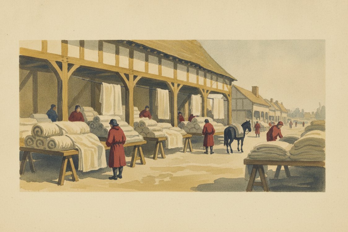Illustration: a medieval English wool market in a Suffolk cloth town, bolts of coarse woolen stacked on trestle tables under a timbered market hall, merchants and a packhorse as small distant figures, weak northern light