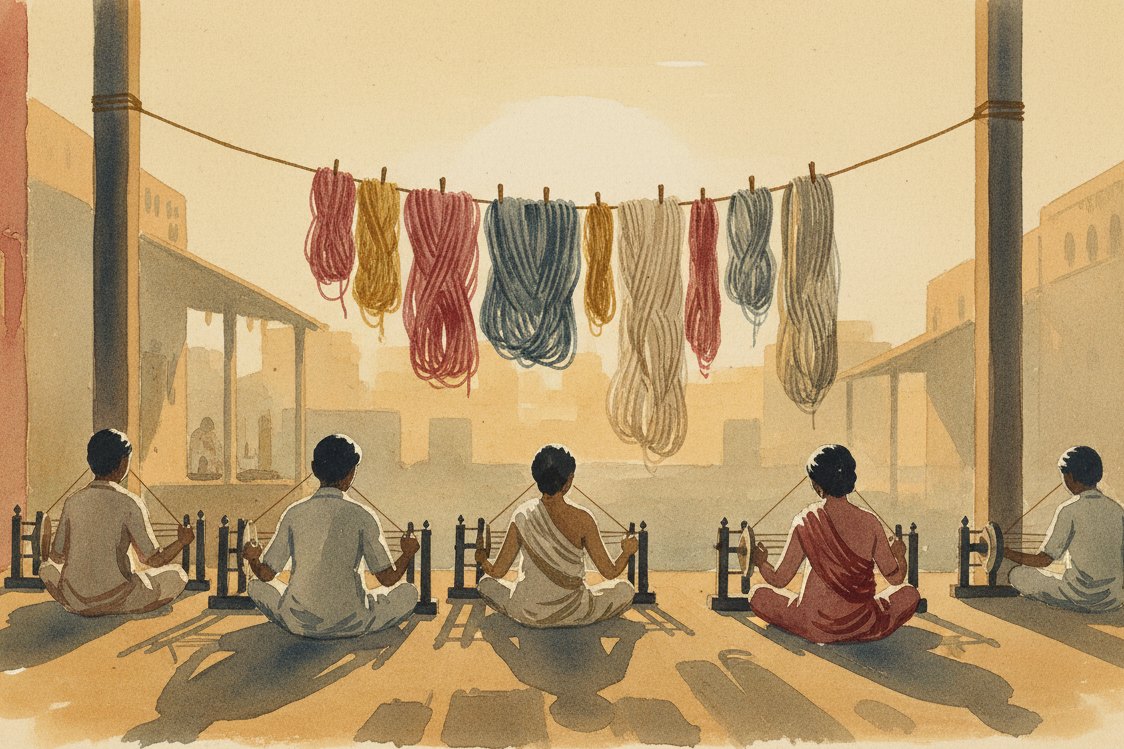 Illustration: an Indian village veranda, figures seen from behind spinning at wooden charkhas, hanks of handspun yarn hung on a line, dusty gold light