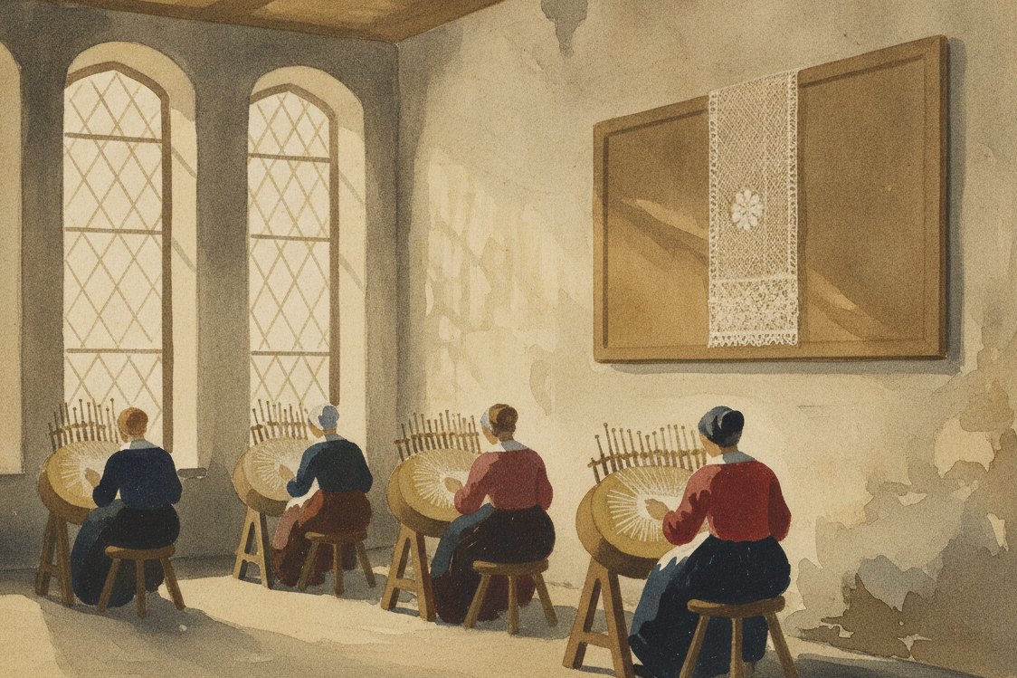 Illustration: a lacemakers workshop in seventeenth-century Flanders, several women seen from behind seated at round bobbin pillows beneath tall leaded windows, rows of bone bobbins and pins catching the daylight, a length of finished lace pinned to a board on the wall