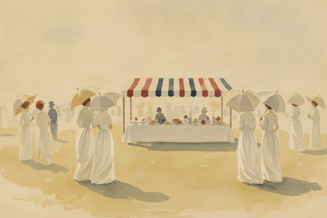Illustration: an Edwardian summer garden party seen from a distance, women in crisp white cotton dresses under parasols, a striped awning and a long table, bright haze