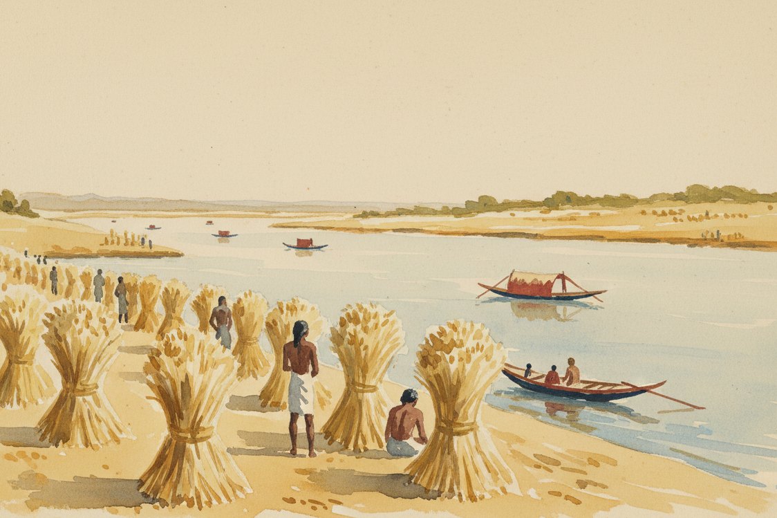 Illustration: a flax harvest on the banks of the Nile in ancient Egypt, bundles of flax stalks drying in golden light, workers as distant figures, reed boats on the river