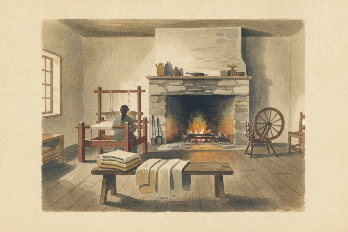 Illustration: the interior of a colonial American farmhouse in winter, a hand loom and a spinning wheel by the stone hearth, lengths of coarse undyed cloth folded on a bench, a figure at the loom seen from behind