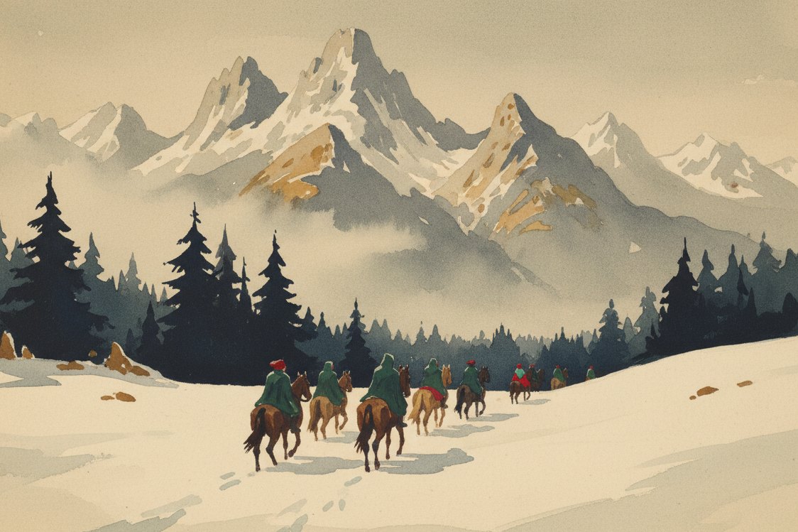 Illustration: an Alpine hunting party at a distance crossing a snowy meadow in deep green capes, dark pines, high peaks in haze