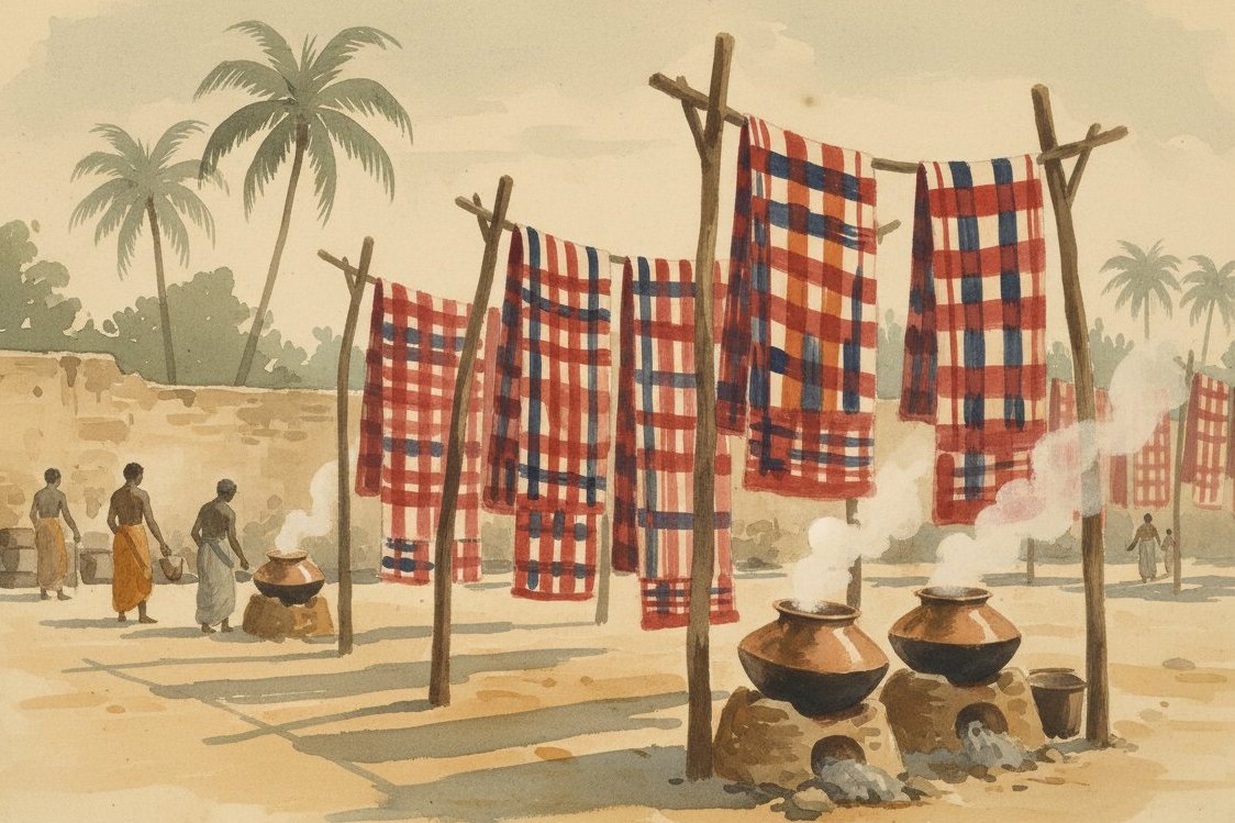 Illustration: a dye yard near the port of Madras around 1900, long lengths of brightly checked cotton hung to dry in strong sun between wooden posts, copper dye pots steaming, palm trees beyond a low wall