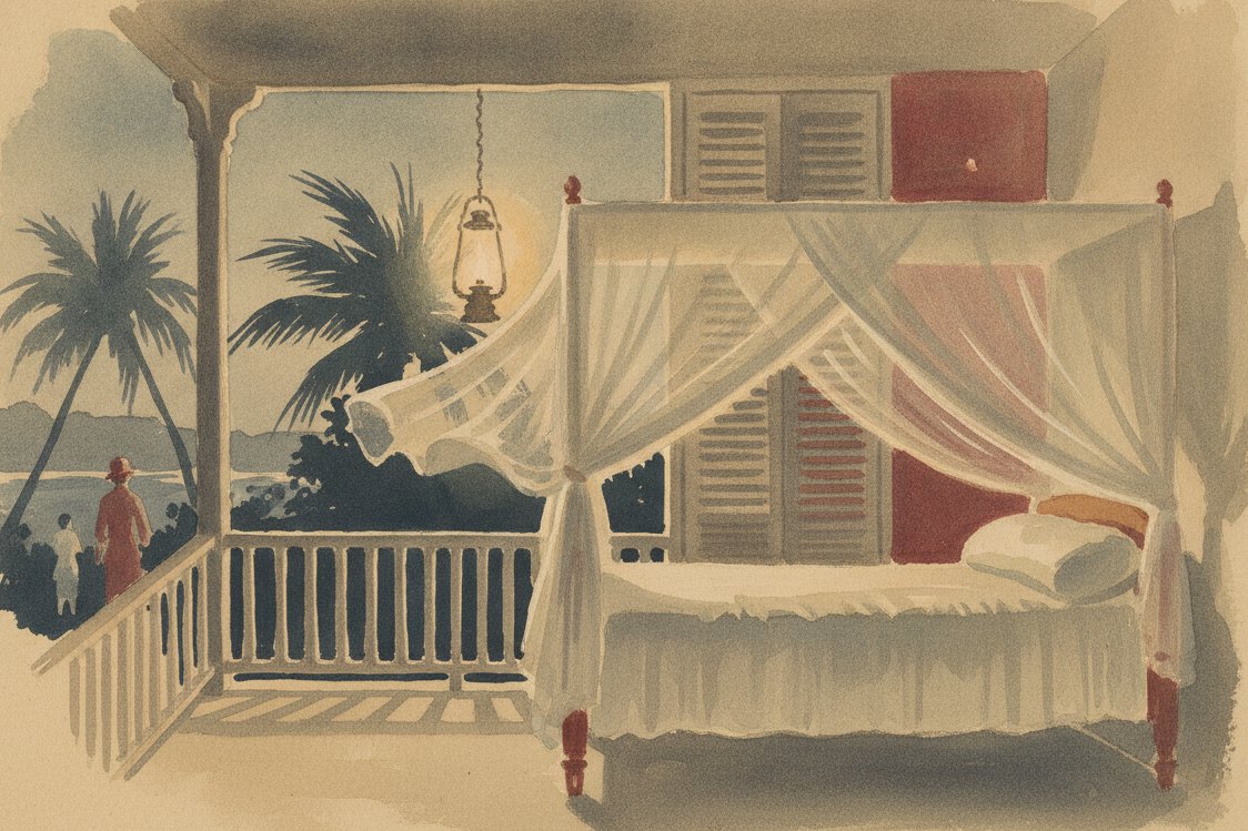 Illustration: a colonial veranda at dusk in the tropics, a bed draped in pale mosquito netting stirring in the air, an oil lamp glowing, palms and louvered shutters beyond, no identifiable figures