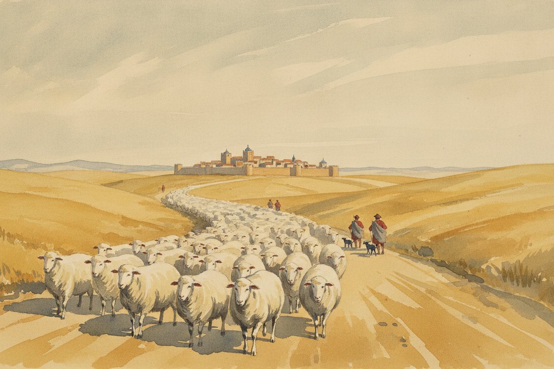 Illustration: a great flock of Merino sheep moving along a Castilian drove road in medieval Spain, shepherds and dogs as small distant figures, a walled hill town on the horizon, dry golden country under a wide sky