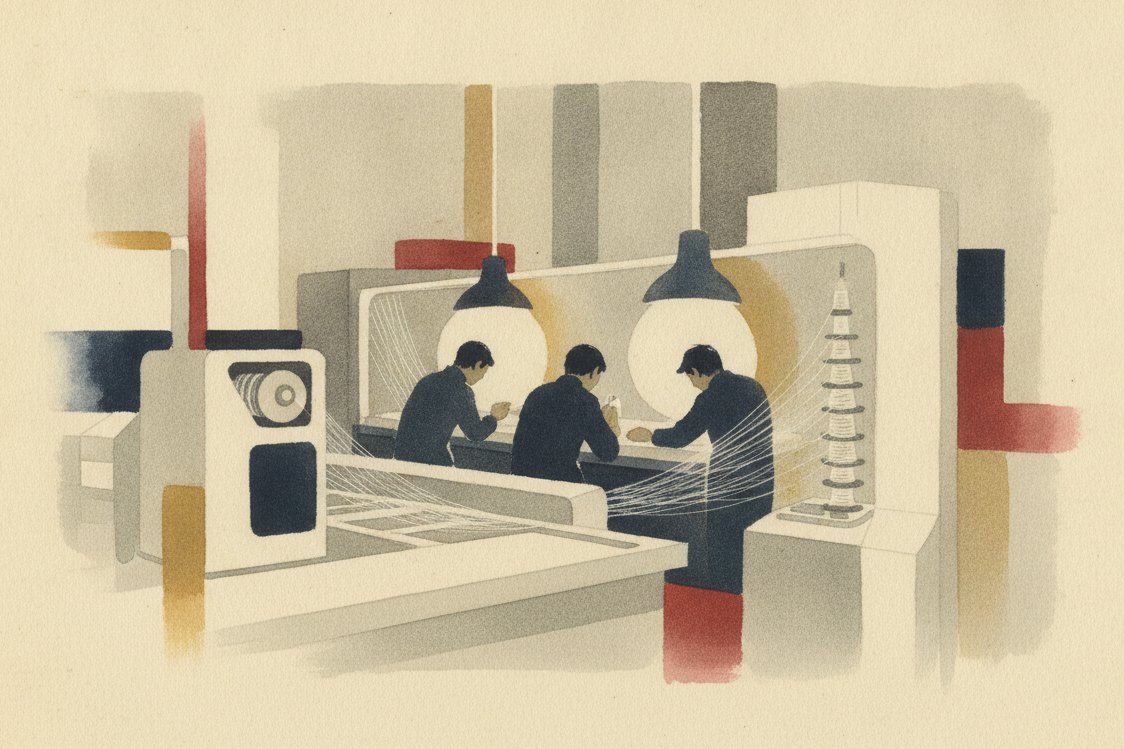 Illustration: a modern Japanese textile laboratory in the 1970s, technicians at a distance examining gossamer filament under bright lamps, spools of ultra-fine thread on clean white machinery