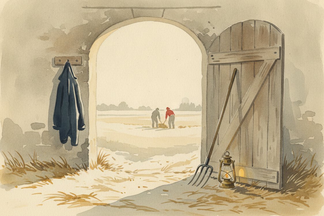 Illustration: a French farm barn doorway, a worn work jacket on a peg, hay fork and lantern, low winter sun