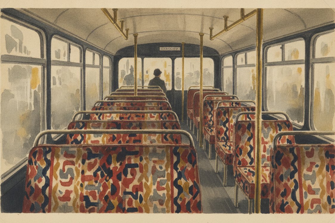 Illustration: the interior of a vintage double-decker bus or tram, rows of seats covered in bold patterned woven pile, worn brass rails and steamed-up windows, a single passenger as a distant silhouette