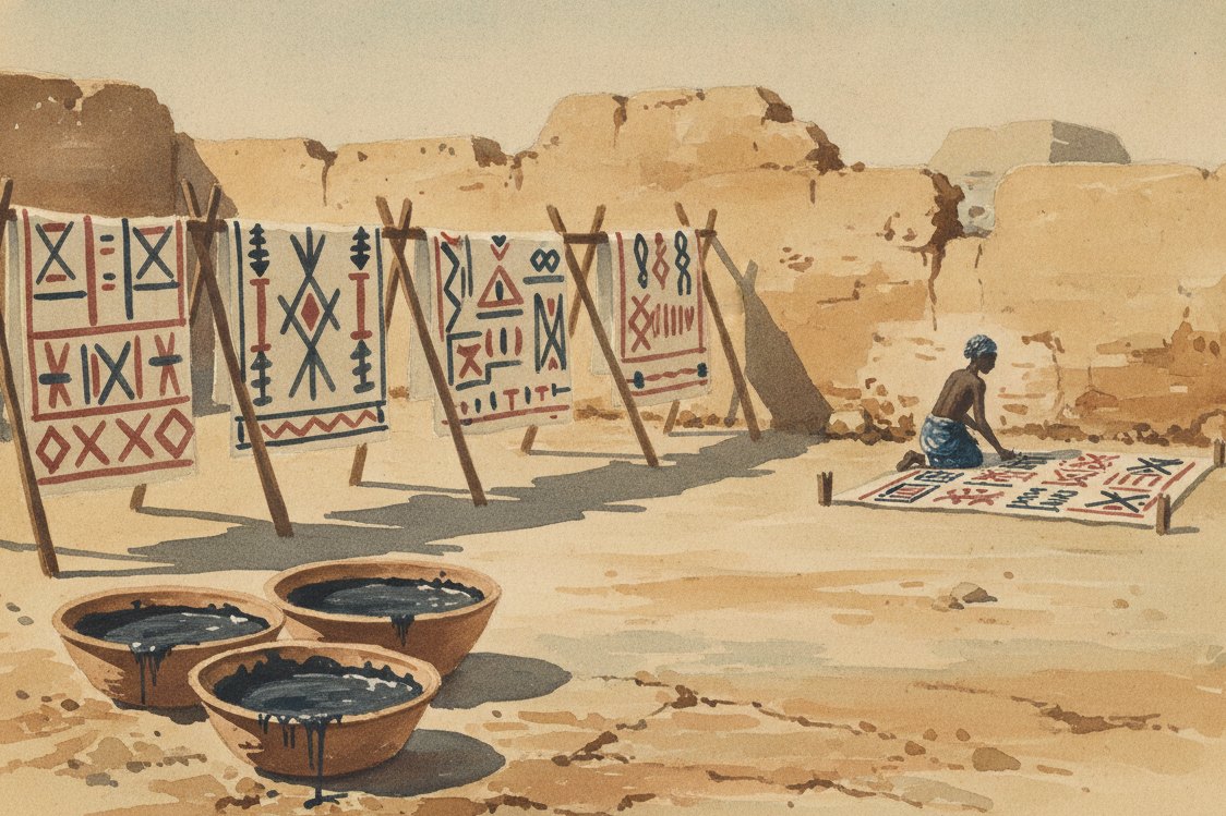 Illustration: a Bamana courtyard in rural Mali, lengths of mud-painted cotton cloth pegged out to dry in strong sun, clay pots of dark fermented mud dye on the ground, a woman seen at a distance painting geometric symbols with a small stick, dry earth and a mud-brick wall
