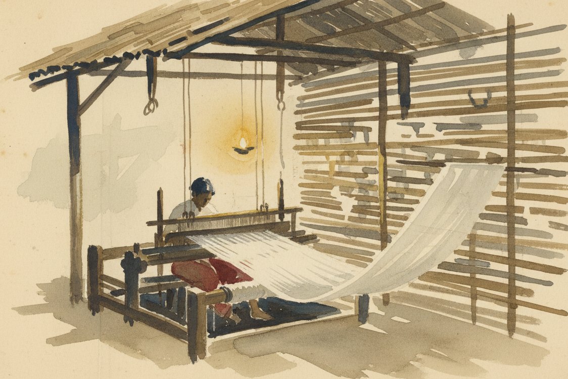 Illustration: a riverside loom shed in Bengal in the 18th century, a weaver seen from behind at a pit loom with a length of nearly transparent white muslin, ghee lamp glow, river light through bamboo slats