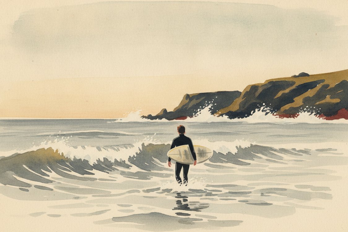 Illustration: a surfer in a black wetsuit seen from behind walking into cold grey surf at dawn, board under one arm, a dark rocky headland beyond, spray and pale light