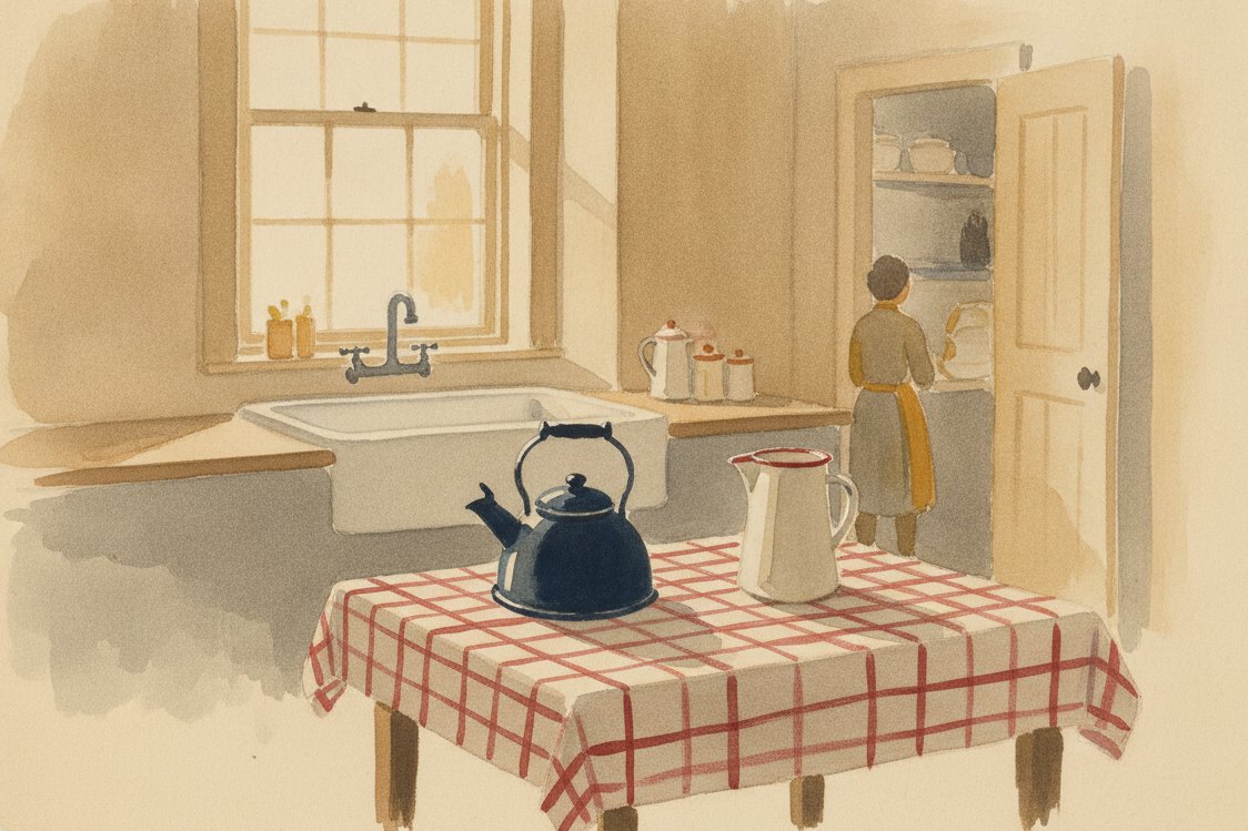 Illustration: a 1900s kitchen with a checked wipe-clean tablecloth, a kettle and enamel jug, a window over a sink, warm domestic light, no people