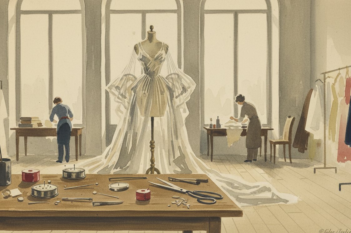 Illustration: a couture atelier, a sheer sculpted gown standing on a dress form by tall windows, pin boxes and shears on a work table