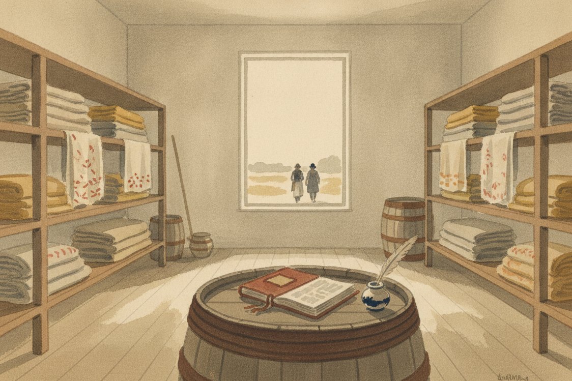 Illustration: a plain 19th century storehouse interior, bolts of coarse undyed cloth stacked on rough shelves, a ledger on a barrel, muted window light, no people