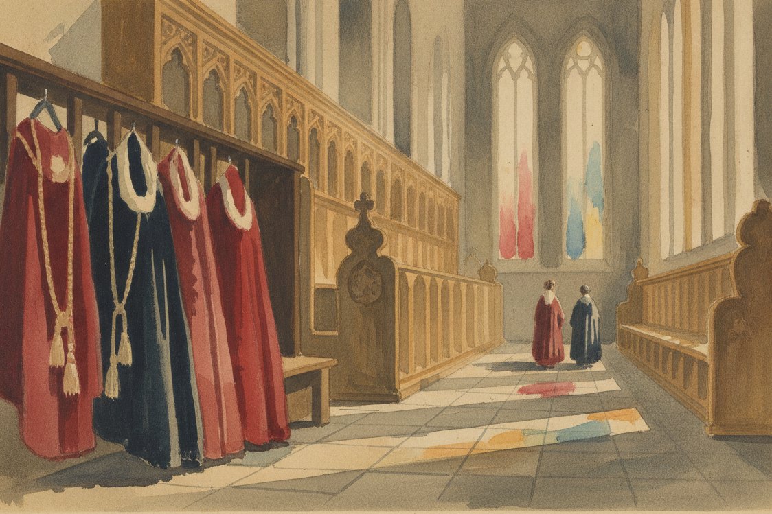 Illustration: a cathedral vestry, heavy corded ceremonial robes on a rail in deep relief, carved choir stalls beyond, shafts of colored window light