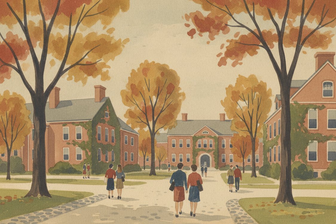Illustration: an American college quad in the 1950s, students at a distance with books, ivy-covered brick, autumn trees