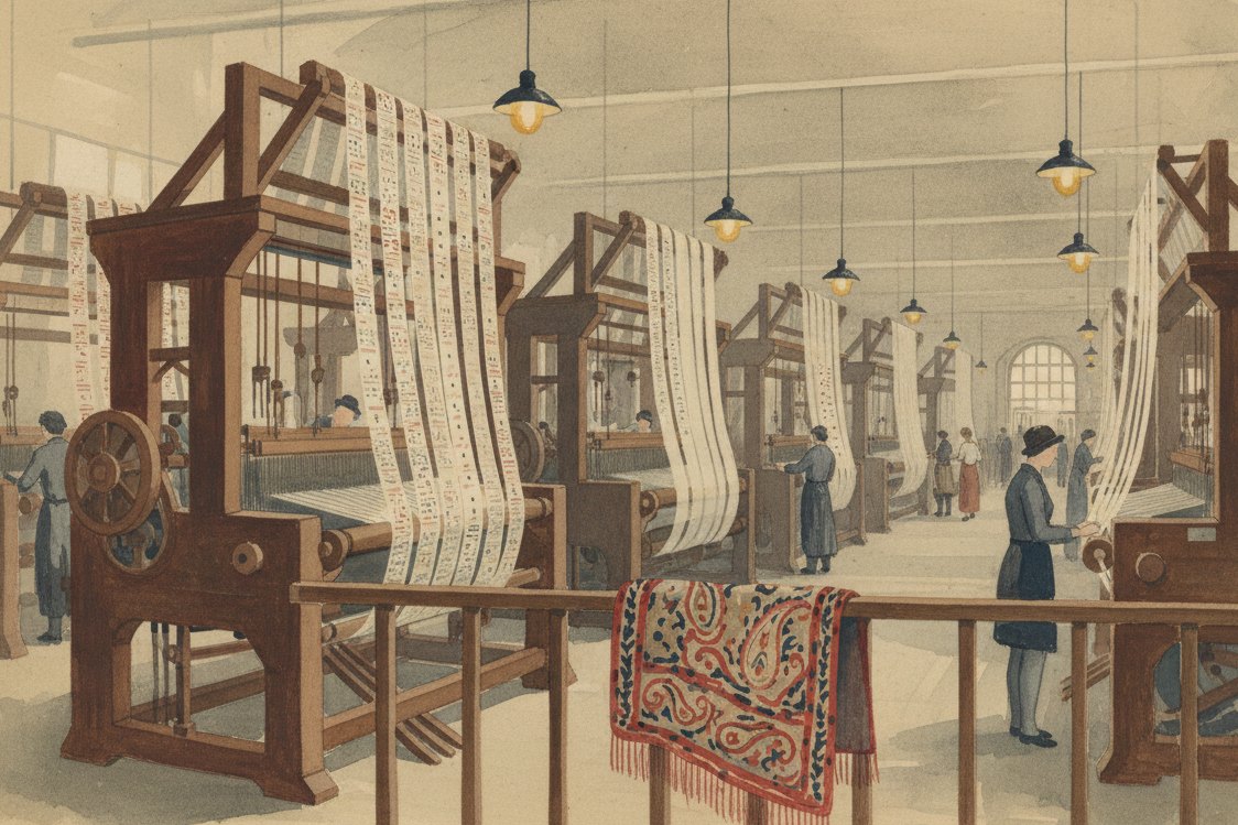 Illustration: the interior of a Paisley weaving mill in Scotland in the 1840s, jacquard looms with punched cards hanging in loops, a finished shawl with teardrop motifs draped over a rail, gaslight