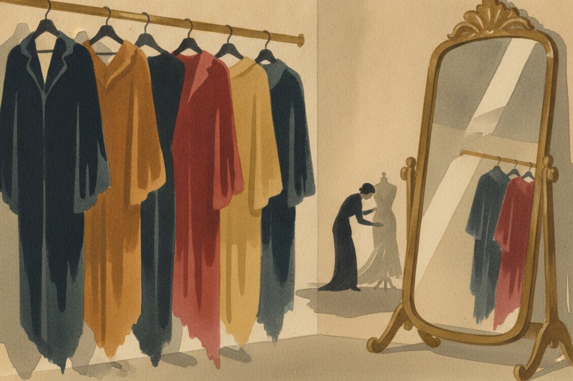 Illustration: a 1930s costumiers atelier, panne velvet evening capes and gowns in deep jewel tones catching lamplight on a brass rail, a tall cheval mirror, a dressmaker seen at a distance pinning a hem, warm shadowed light
