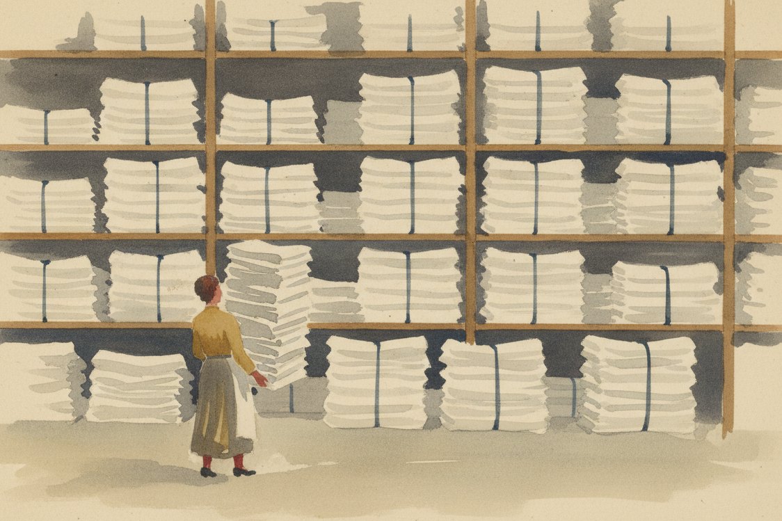 Illustration: a grand hotel linen room, deep shelves of pressed white sheets tied with tape, a housekeeper at a distance with a tall stack