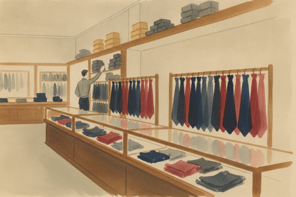 Illustration: a gentleman's outfitters interior in the 1930s, glass counters, racks of dark neckties, a clerk at a distance reaching to a high shelf