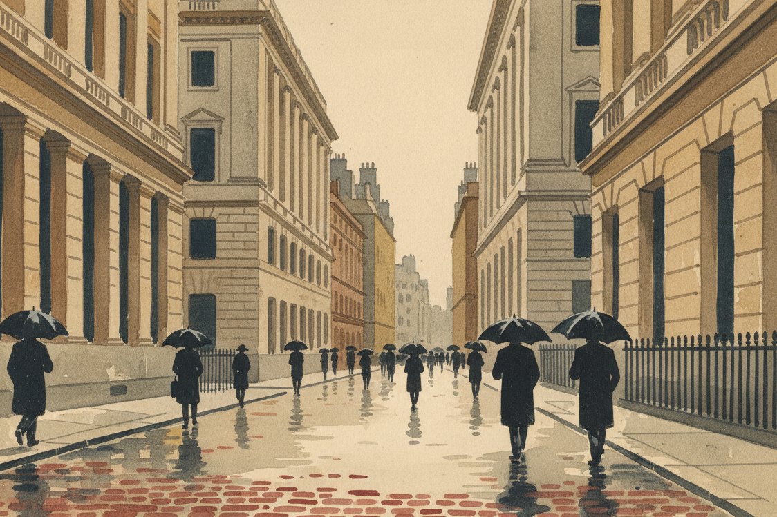 Illustration: a City of London street in the 1920s, bankers at a distance under black umbrellas, stone bank facades, wet pavement reflections