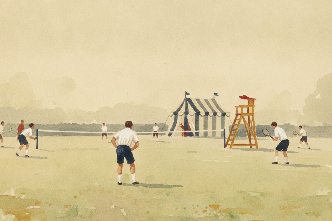 Illustration: an Edwardian tennis lawn seen at a distance, players in white textured shirts, a striped marquee and umpire chair, bright summer haze