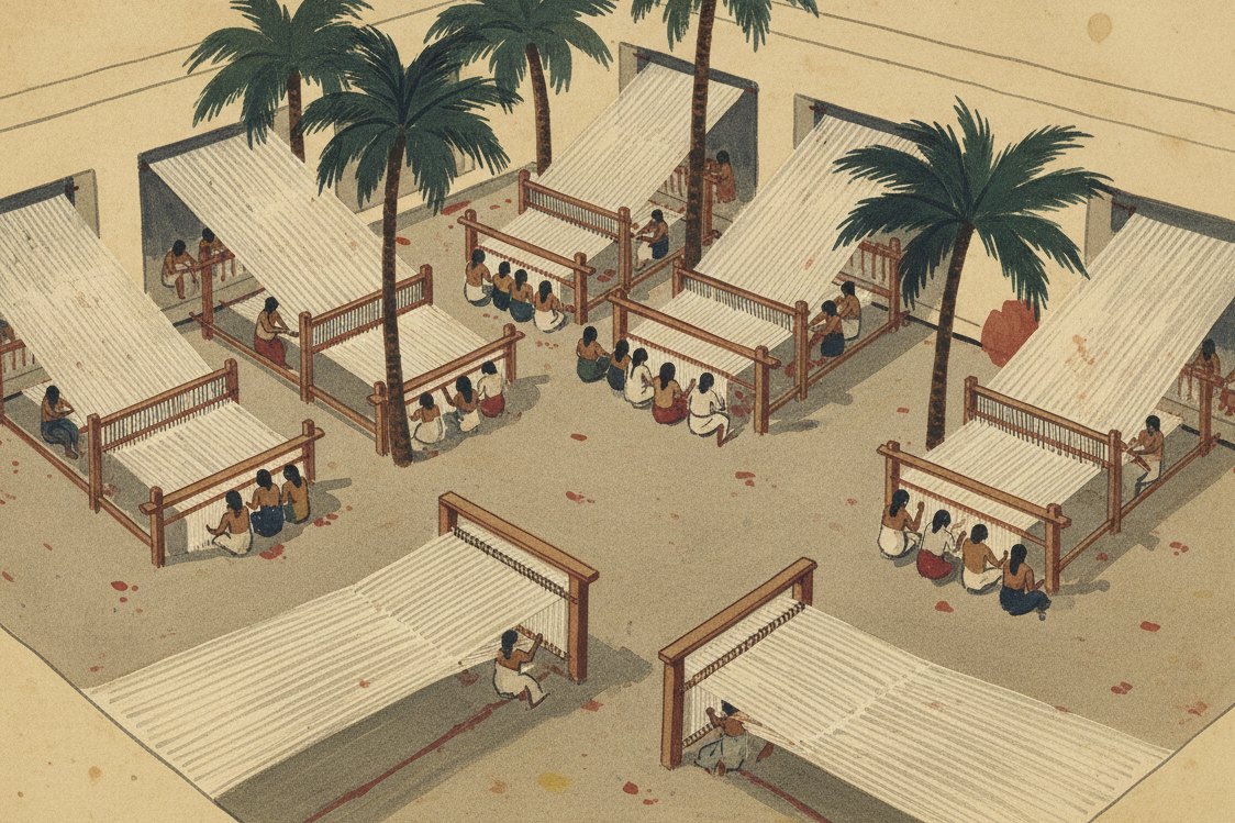 Illustration: ancient Egyptian weavers at horizontal ground looms seen from above and at a distance, webs of linen, a courtyard with palms