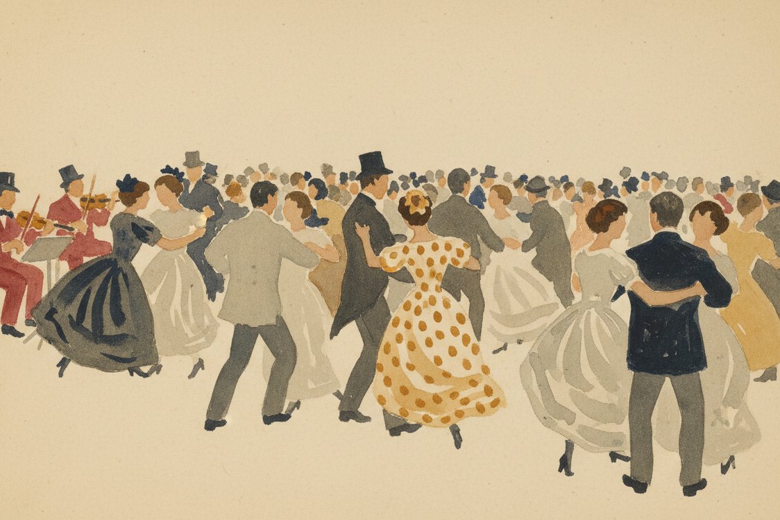 Illustration: a crowded mid 19th century dance hall during the polka craze, dancers a swirling blur at a distance, one dotted dress catching the lamplight, musicians in the corner