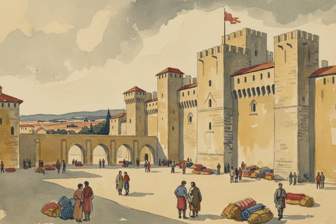 Illustration: the papal city of Avignon in the 14th century, cloth merchants with bolts in a courtyard below the great palace walls