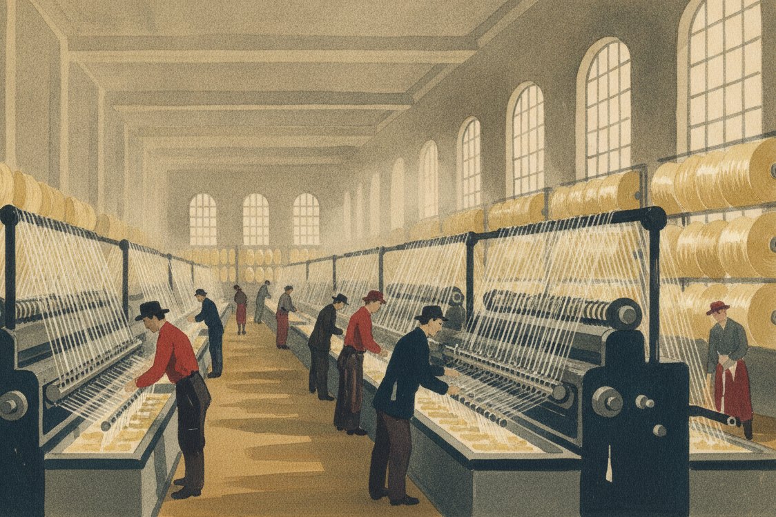 Illustration: the spinning hall of an early artificial-silk works around 1910, rows of machines drawing glossy filament through spinnerets into a bath, skeins of lustrous thread on reels beyond, workers as small distant figures under tall arched factory windows