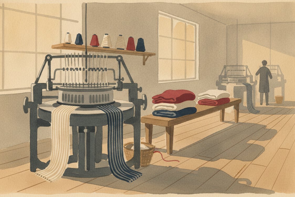 Illustration: a knitwear workshop, a circular knitting machine running ribbed cuffs and collars off cones of yarn, finished sweaters folded on a bench, a worker at a distance, soft industrial light