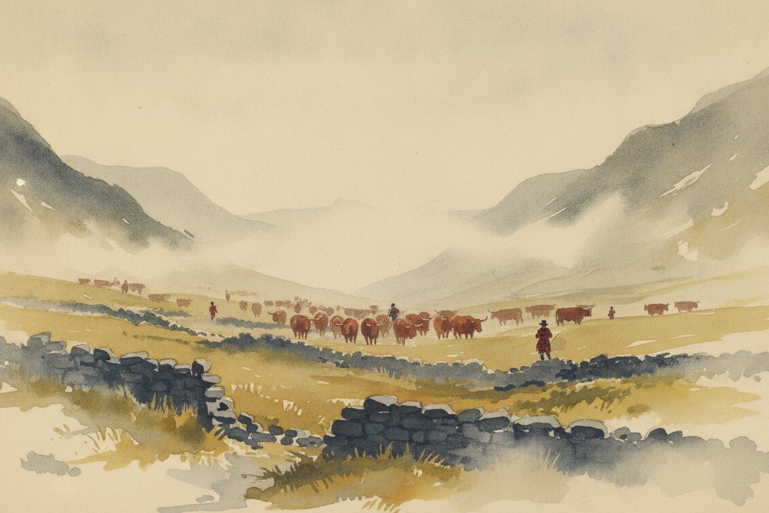 Illustration: Scottish Highland cattle drovers in the early 1700s moving a herd through a wide misty glen, figures small and distant in red and black checked plaids, low stone walls
