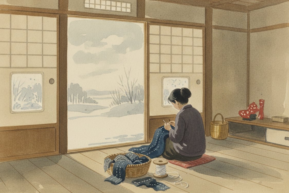 Illustration: a farmhouse interior in northern Japan in winter, a woman seen from behind seated by a paper-screen window stitching white running stitches into a folded indigo cloth, a basket of indigo rags and a spool of white thread beside her, soft cold light