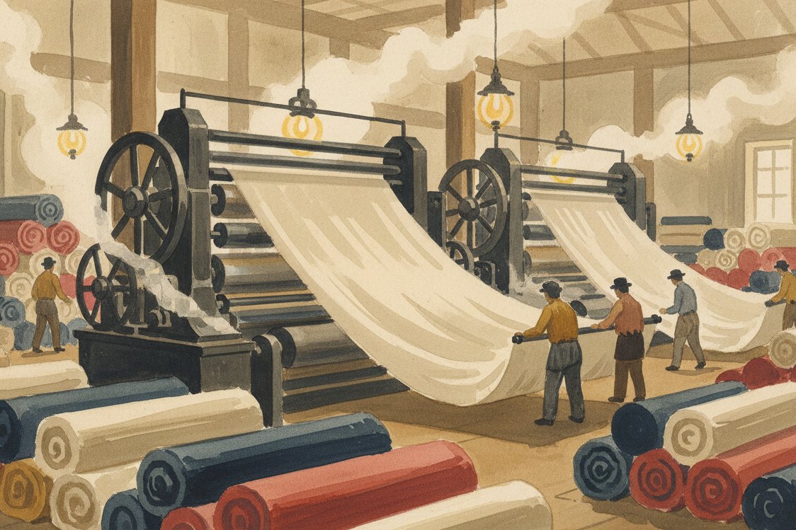 Illustration: a Victorian cotton mill finishing room, cloth passing through great calender rollers, bolts of lustrous cotton stacked, steam and gaslight