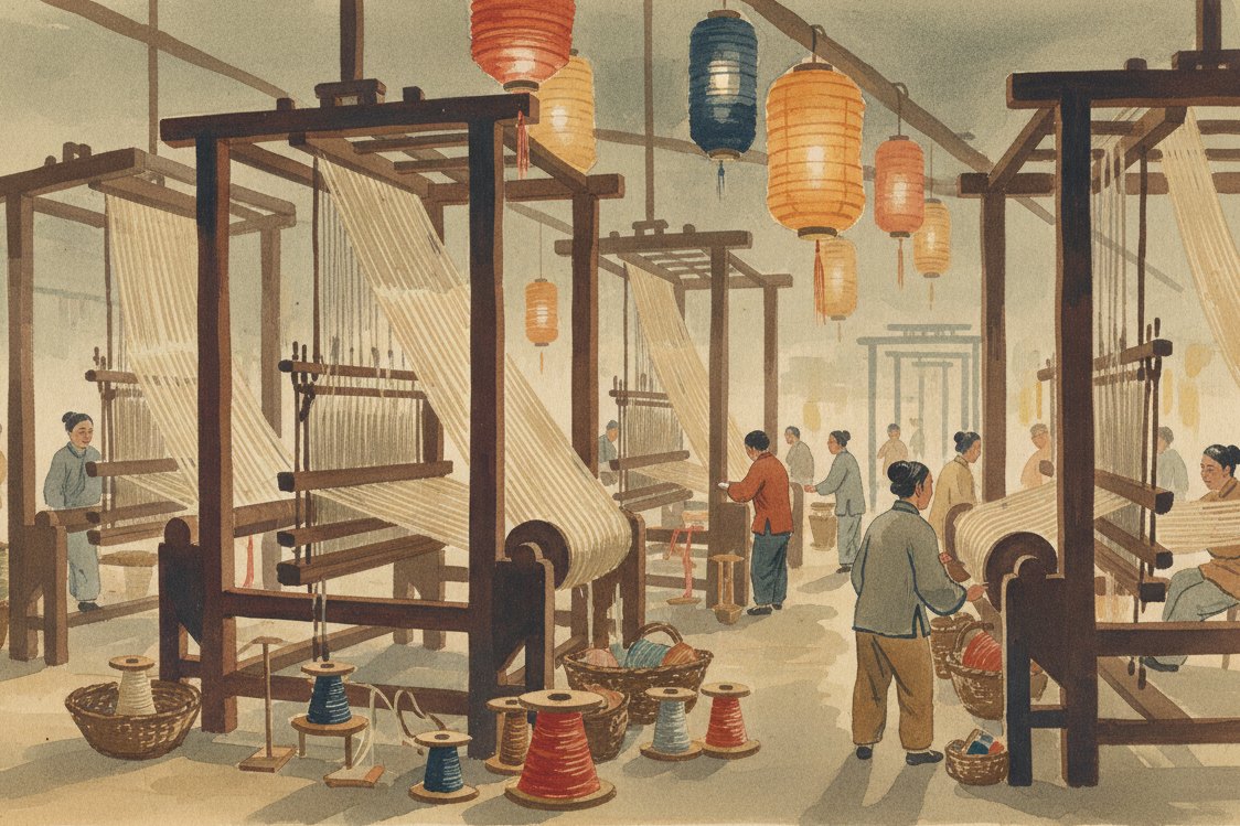 Illustration: a Chinese silk workshop, reels of glossy filament silk, a tall drawloom, paper lanterns, evening light