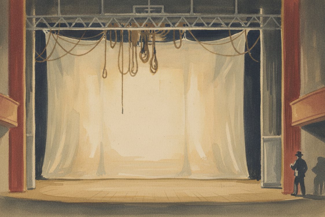Illustration: the backstage of a nineteenth-century theater, a large pale scrim drop hanging across the stage and lit from behind so it glows half-transparent, ropes and a catwalk above, a stagehand as a distant silhouette in the wings
