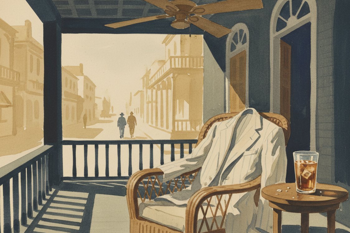 Illustration: a New Orleans veranda on a hot afternoon in the 1920s, a pale striped summer suit jacket over a wicker chair, sweating glass of iced tea on a side table, ceiling fan, deep shade and bright street beyond