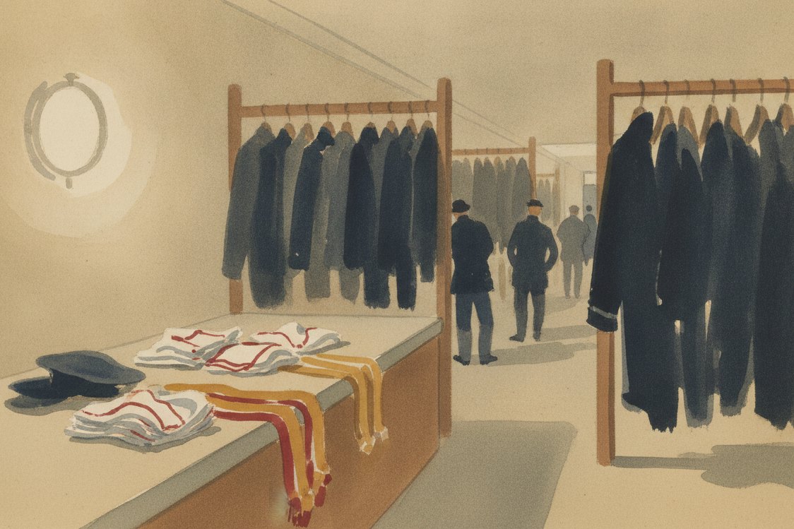 Illustration: a naval clothing stores, rows of dark blue uniforms on racks, a porthole's round light, folded collars on a counter